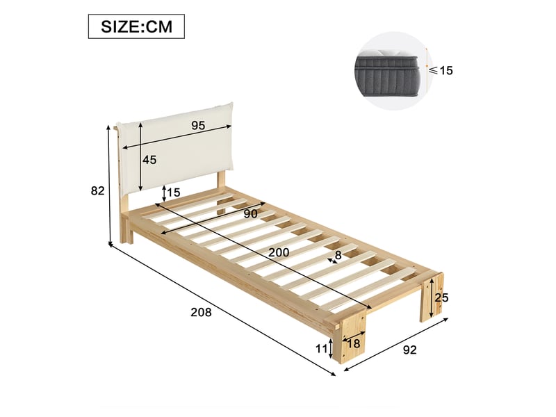  Lit 90x200 cm avec dossier confortable, lattes stables et pieds larges en bois naturel sans matelas  - Conforama C