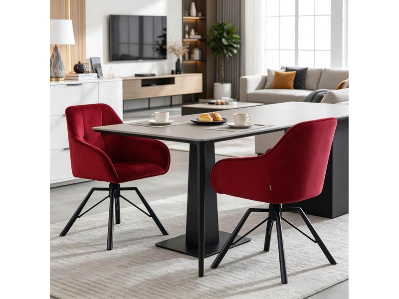  Lot de 2 chaises de salle à manger 57x50x82,5cm, rouge vin, métal, accoudoirs, pivotantes 360°  - Conforama D