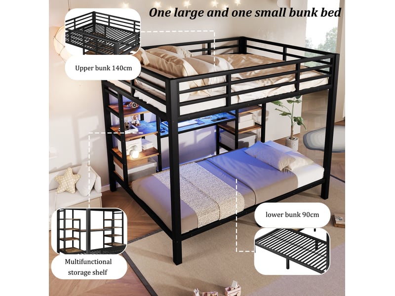  Lit superposé 3 places 90 × 200 cm et 140 × 200 cm, led, usb, type-c et étagères, sans matelas, en métal noir  - Conforama E