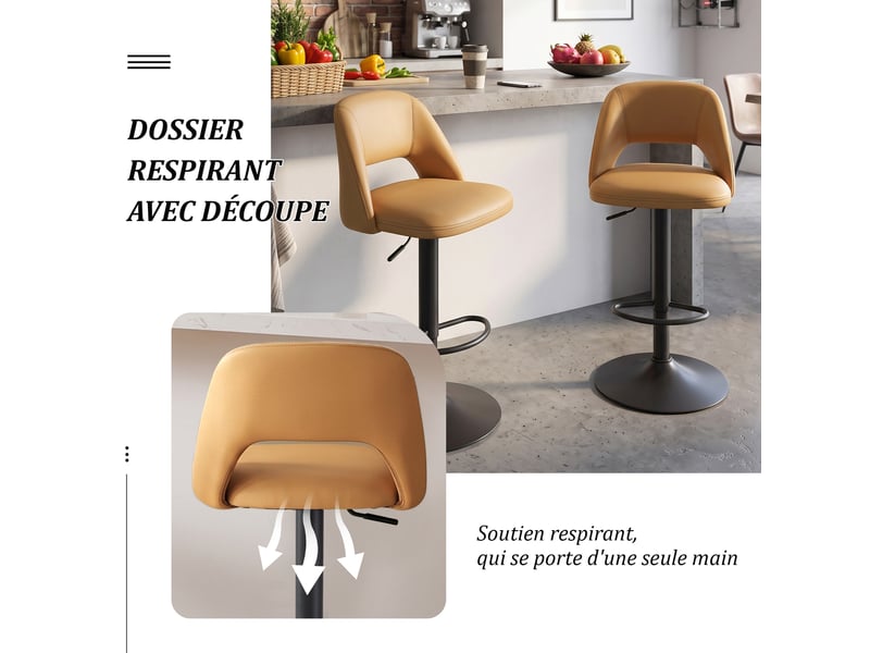  Lot de 6 tabourets de bar réglables en hauteur avec dossier, tabourets de bar pivotants pivotants à 360°- similicuir (pu), camel - goeurvant 9032  - Conforama R