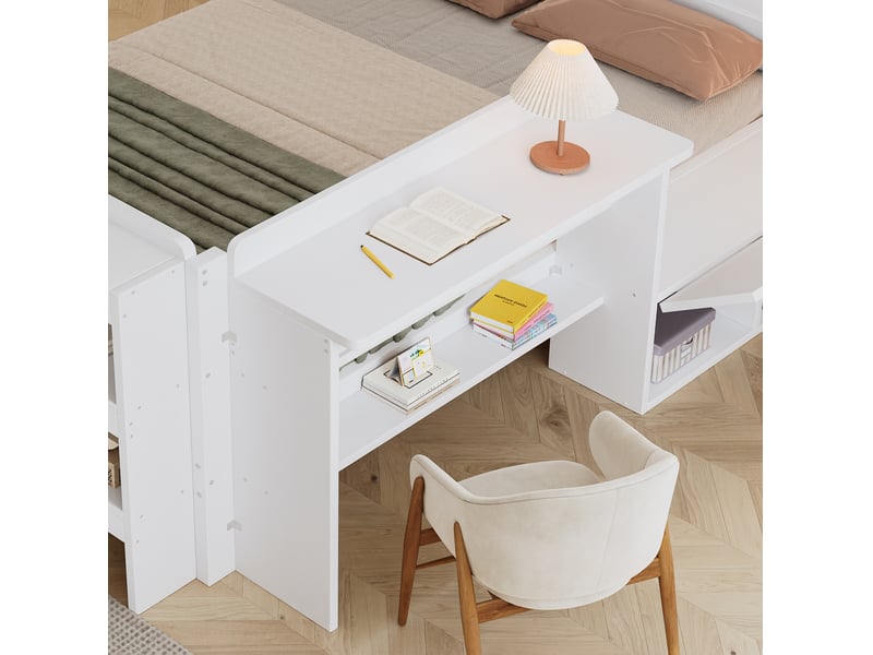 Lit enfant 120 x 200 cm, cadre de lit avec rangement, bureau intégré, étagères ouvertes, 1 place, structure multifonction, bois, blanc Morn Vibe - Conforama E