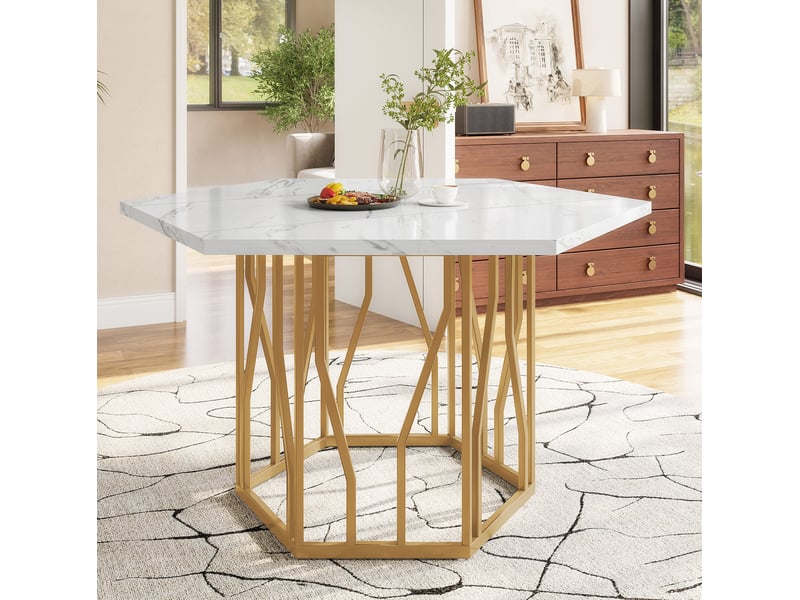 Table à manger hexagonale 115,5 x 100 cm en mdf marbré, blanc et doré - Conforama B