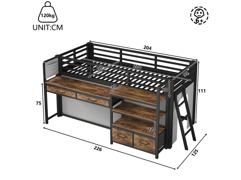Lit mezzanine 90 × 200 cm avec bureau, étagères, tiroirs en tissu, rideau et éclairage led pour chambre d'enfant - Conforama C