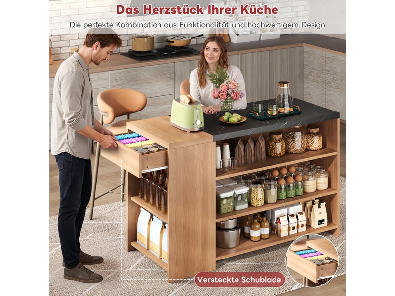  Îlot de cuisine avec rangement - dimensions - 5 niveaux de rangement - tiroir caché - plateau épaissi 3 cm 140x60x90cm - Conforama B