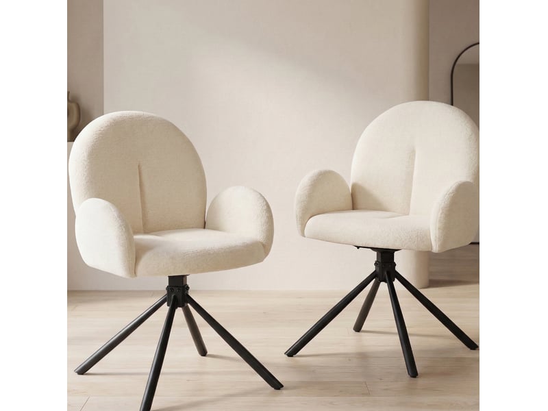  Lot de 2 chaises de salle à manger pivotantes avec accoudoirs, chenille blanc crème et pieds en métal  - Conforama B