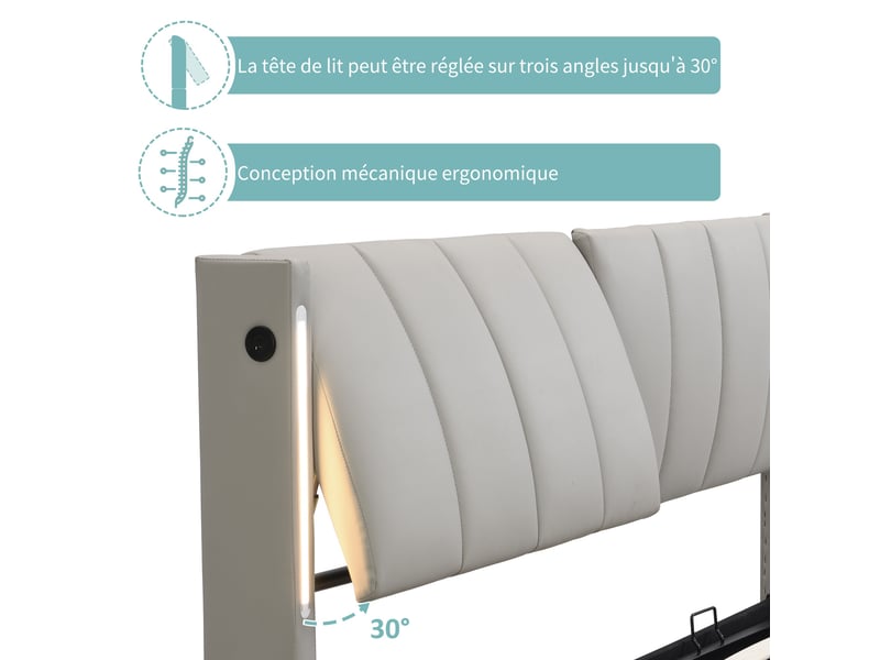  Lit coffre 140x190 cm avec éclairage led, port usb, rangement hydraulique et tête de lit réglable, pu gris  - Conforama E
