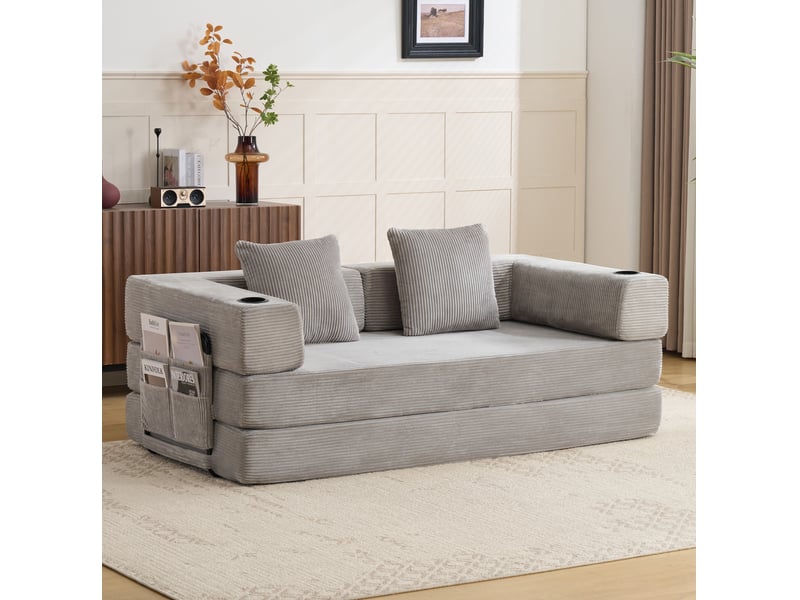  Canapé-lit au sol modenvie convertible 2 places en velours côtelé gris clair 185 x 92,5 cm  - Conforama B