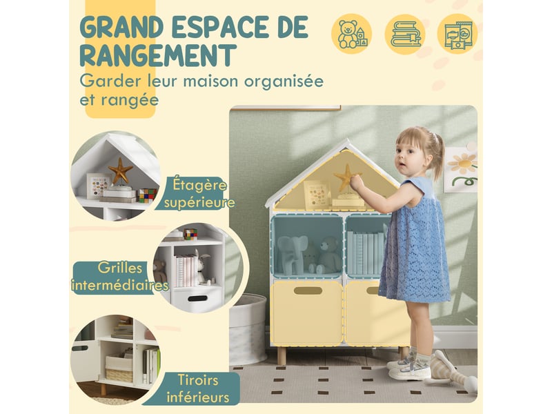  Bibliothèque enfants meuble de rangement enfants 3 niveaux avec deux tiroirs forme de maison blanc 63,7 x 29,7 x 89 cm  - Conforama D
