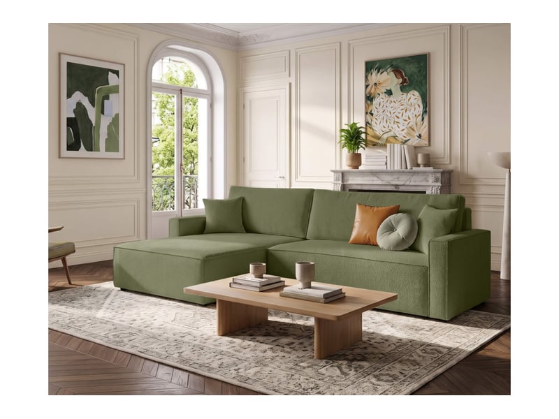  Farah - canapé d'angle max réversible et convertible 5 places accoudoirs slim en tissu bouclettes texturées  - Conforama B