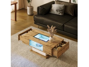Table basse led 110.2x60x39.7 cm avec verre et 2 tiroirs blanc et naturel