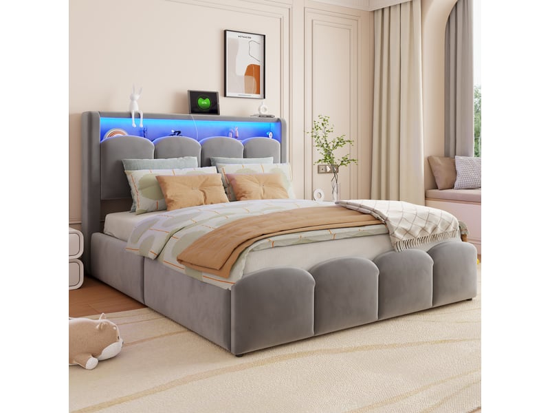  Lit coffre 140 × 200 cm 2 places avec led, usb, type-c et rangement, sans matelas, en velours gris  - Conforama C