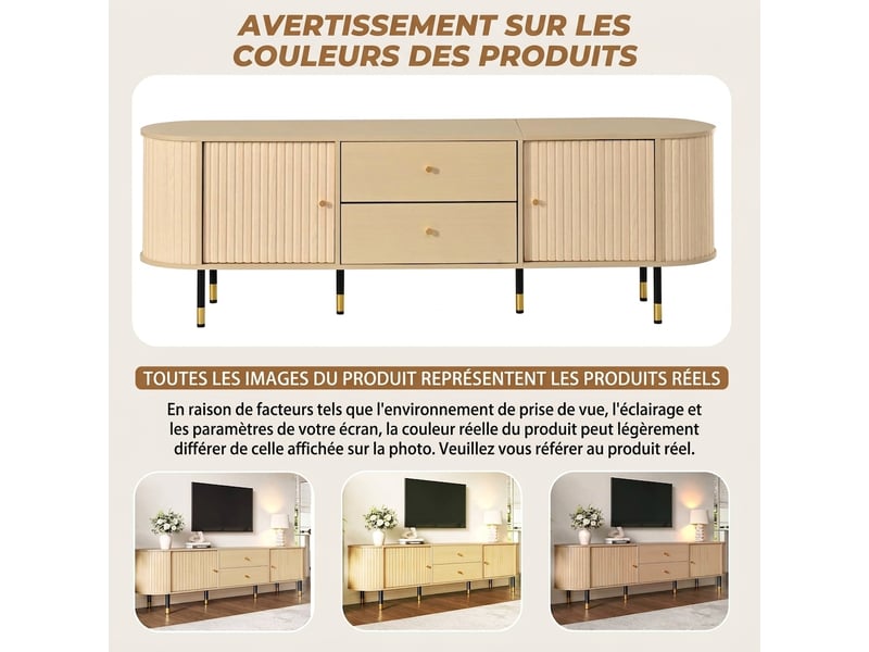 Meuble tv bois 180 cm pour écran 75 pouces, lowboard ovale avec portes coulissantes et 2 tiroirs, finition naturelle  - Conforama D