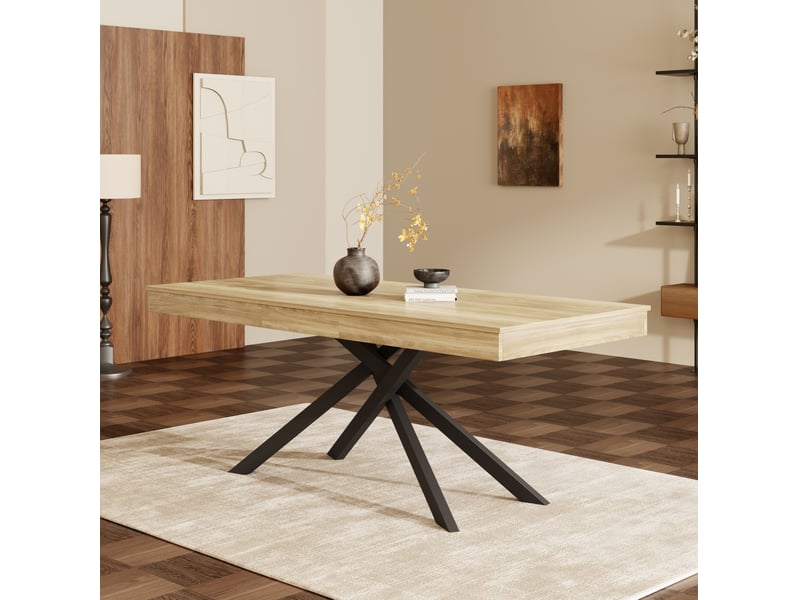  Table à manger extensible 140-180 x 80 cm, mdf, pieds métal, coloris chêne, 6-8 places  - Conforama B