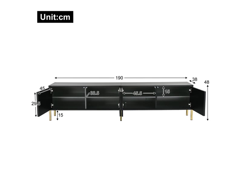  Meuble tv noir 190 x 38 x 48 cm, pieds dorés, portes à rainures verticales, noir  - Conforama C