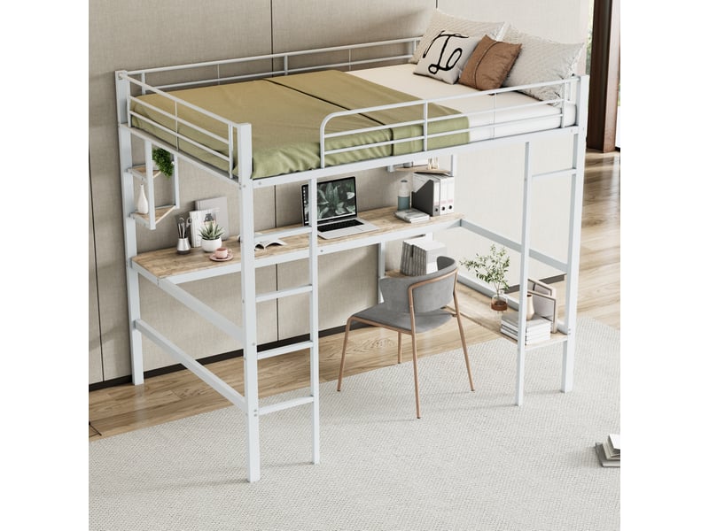  Lit mezzanine 140x200 cm en métal avec bureau, étagères et bibliothèque, blanc  - Conforama D