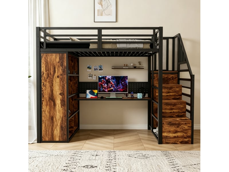  Lit mezzanine 90 × 200 cm 1 place avec bureau, led réglable, prise électrique et armoire, sans matelas, métal noir  - Conforama C