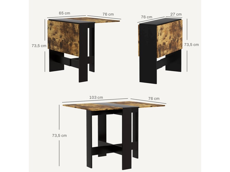  Table de salle à manger pliante, table de cuisine avec rallonges rabattables pour petits espaces, 103 x 76 x 73,5 cm, noir et marron rustique  - Conforama E