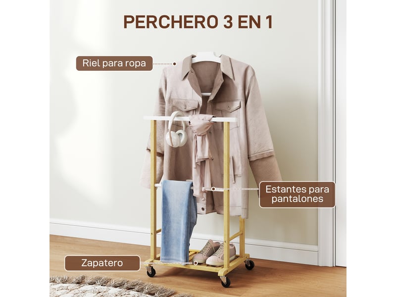  Valet de chambre en bambou à roulettes, avec cintre supérieur, barres pour pantalons et étagère à chaussures inférieure, naturel et blanc  - Conforama E