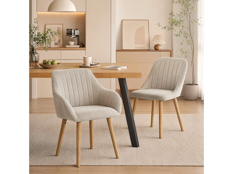 Ensemble table et 6 chaises - table rectangulaire 160x80 cm monobloc en chêne sauvage et pieds métal, 6 chaises en tissu beige et pieds bois - Conforama W