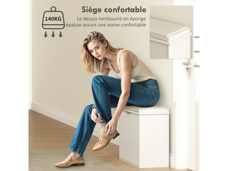  Banc à chaussures avec coussin d'assise rembourré et tiroir rabattable pour couloir, chambre, blanc, 62 x 26 x 47,5 cm  - Conforama W