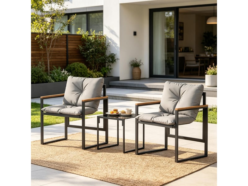 Salon de jardin,64x62x68 cm,3 pièces avec coussins,métal,noir et gris - Conforama B
