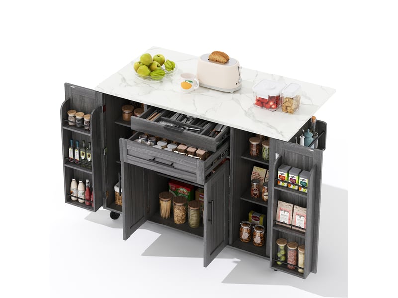  Desserte de cuisine 136 x 70 x 92 cm, grise en mdf, plateau extensible avec rangement sur roulettes  - Conforama D