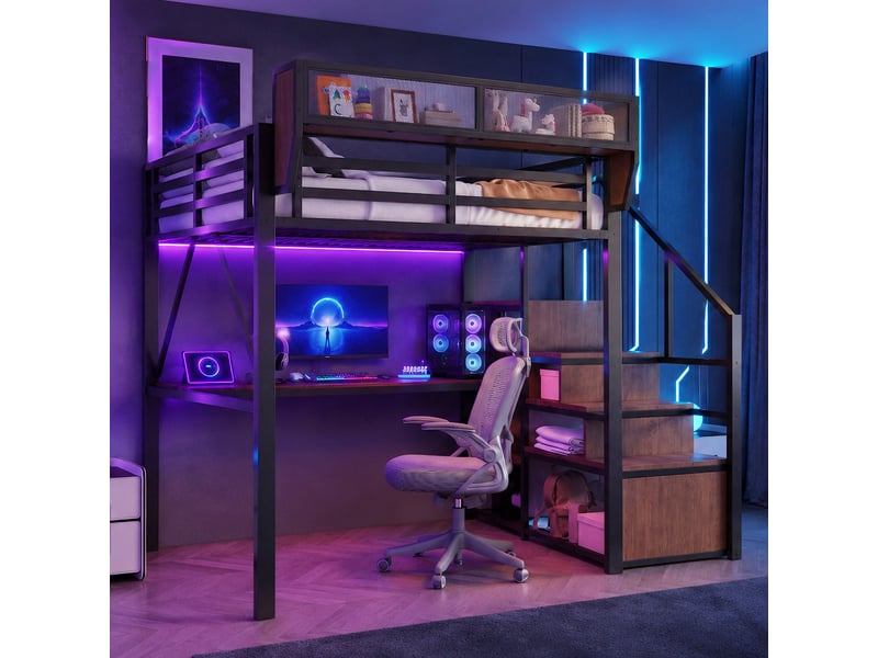  Lit mezzanine 140x200 cm, lit enfant, rangement, bureau, échelle sécurisée, led, métal noir  - Conforama C