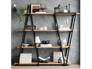 Étagère bibliothèque géométrique 158x35x166 cm – noir et bois clair – métal et mdf, 4 niveaux, anti-basculement