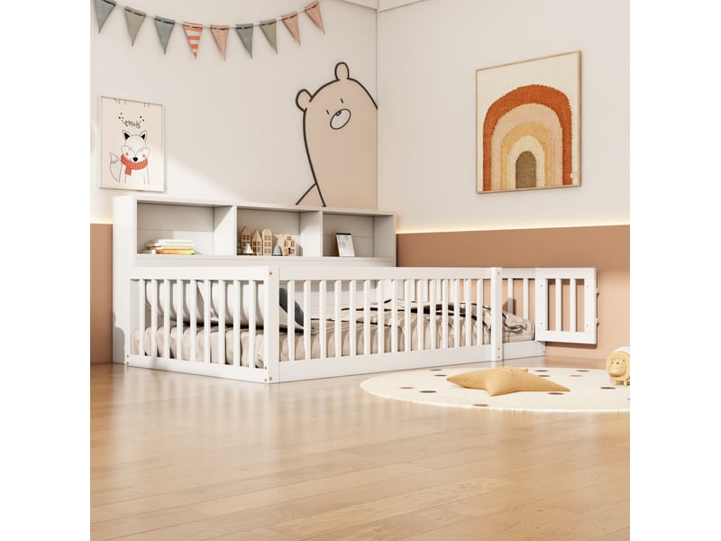  Lit simple enfant 90x200 cm avec rangements et barrières blanc  - Conforama B