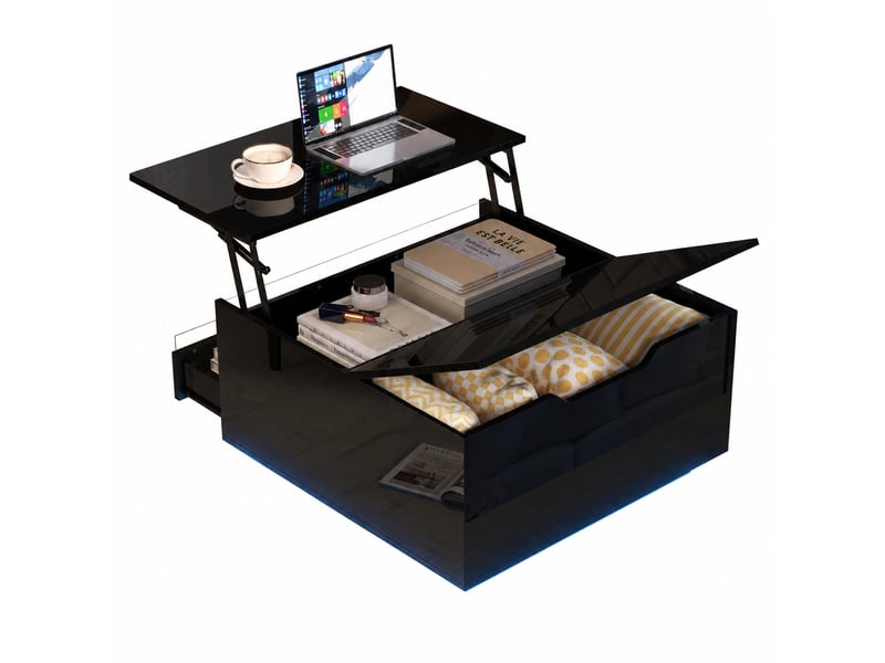  Table basse relevable noire avec led, rangement caché, tiroir, 70 x 70 x 38 cm  - Conforama A