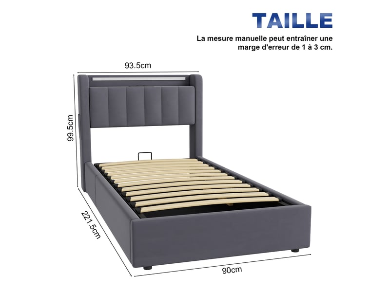  Lit coffre 90x200 cm, led, usb, rangement tête de lit et poche latérale  - Conforama C