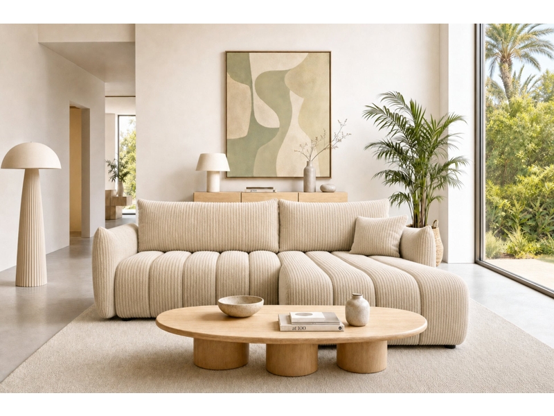  Moorea - canapé d'angle convertible gros velours côtelé 4 places beige  - Conforama D