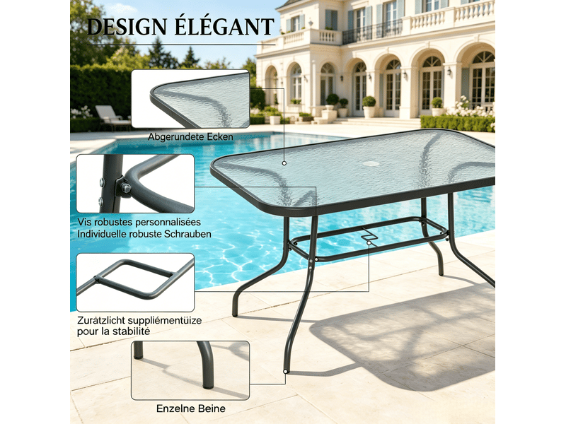 Table de jardin rectangulaire 120x80 cm – grise – verre trempé et trou pour parasol, 8 personnes - Conforama E
