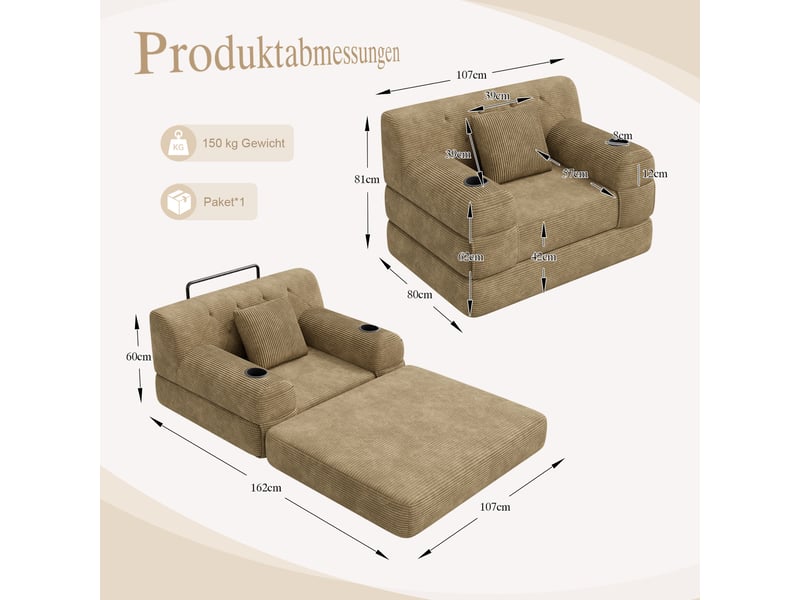  Canapé droit convertible lit 1 place en velours côtelé kaki avec rangement latéral et porte-gobelets  - Conforama C