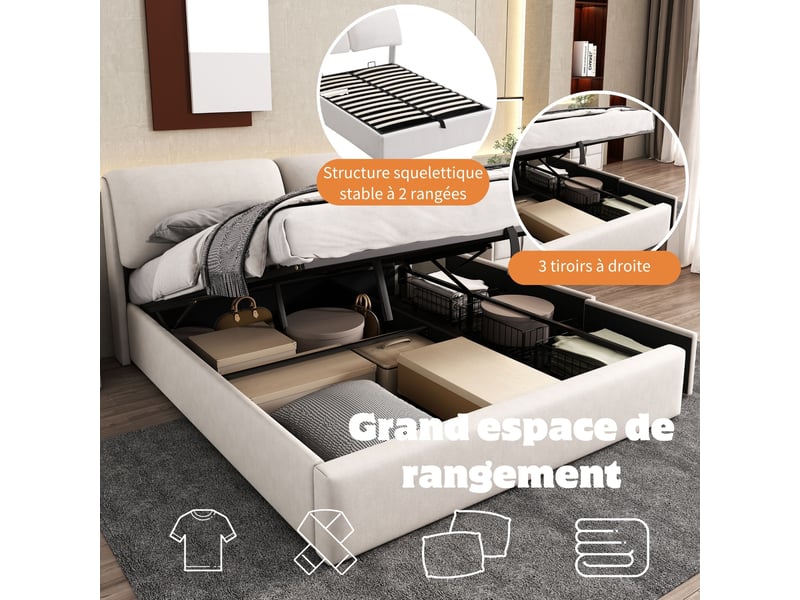  Lit coffre 140x200 cm beige, velours, sommier relevable hydraulique, 3 tiroirs, tête de lit réglable, sommier à lattes inclus  - Conforama D