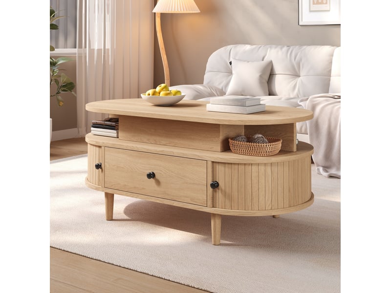 Table basse relevable ovale avec tiroir, 2 étagères ouvertes et 2 portes coulissantes en mdf naturel 105 × 50 × 60,5 cm - Conforama E
