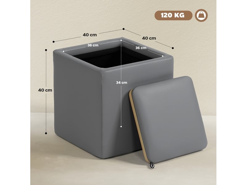 Pouf coffre 40 x 40 x 40 cm – gris – simili cuir – assise 1 place avec rangement et couvercle relevable  - Conforama C