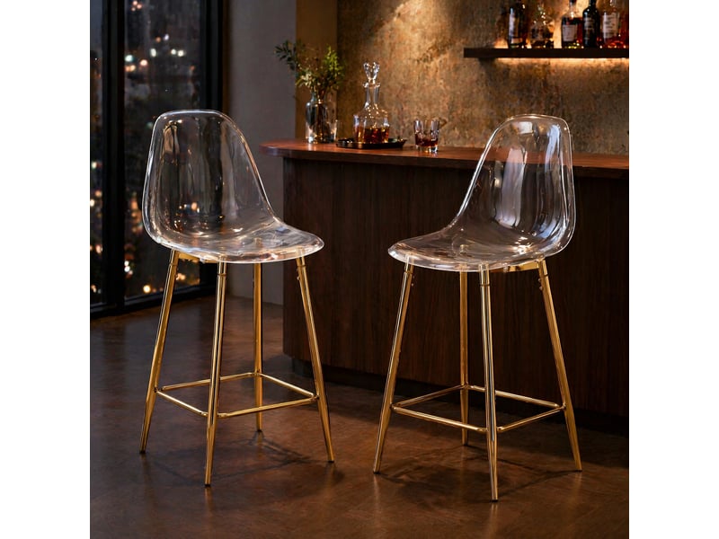  Tabouret de bar transparent avec repose-pieds et structure métallique, design moderne doré  - Conforama B