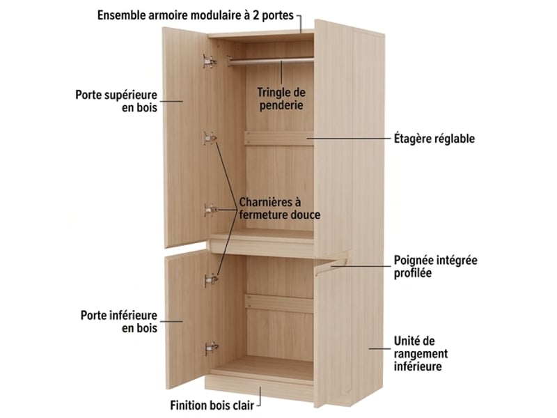  Armoire penderie 2 portes en bois naturel 70x40x170 cm avec compartiments de rangement, meuble de chambre  - Conforama D