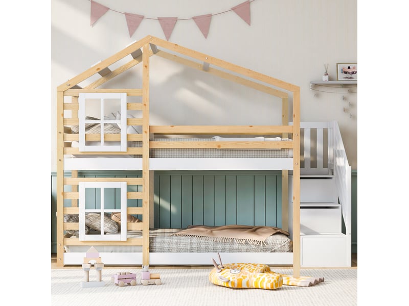  Lit superposé enfant cabane 90x200 avec rangements et barrières de sécurité evryae  - Conforama D