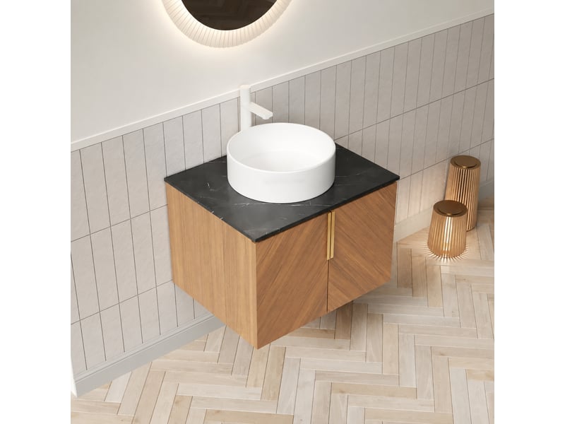  Meuble vasque suspendu 61 cm avec vasque ronde blanche et plan noir  - Conforama E