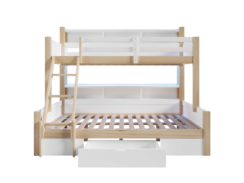 Lit superposé avec rangements, tiroir, échelle réversible et led, blanc et naturel, 90x200+140x200 cm - Conforama A