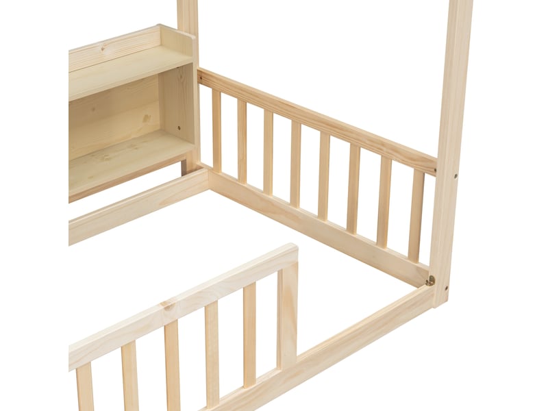  Lit enfant au sol maison 90x200 cm avec étagères et barrières, naturel  - Conforama A