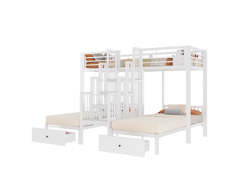 Lit superposé 3 places 90x200 cm avec escalier et tiroirs, blanc - Conforama A