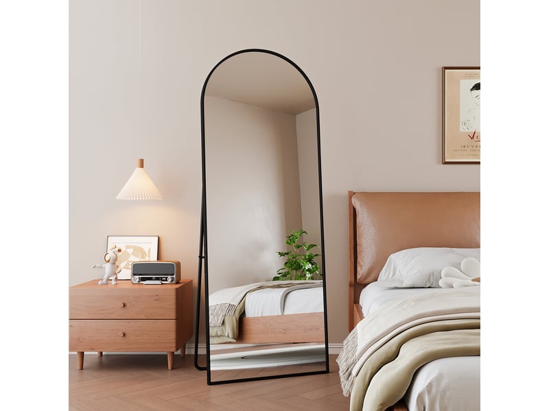  Miroir sur pied - 162 x 53 cm - noir - miroir plein pied arqué en verre trempé, cadre en alliage d'aluminium, design moderne  - Conforama E
