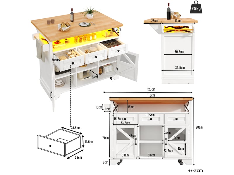 Desserte de cuisine 120x43-71x98 cm, 3 tiroirs, plateau rabattable, mdf et métal, meuble cuisine, couleur blanc et bois - Conforama C