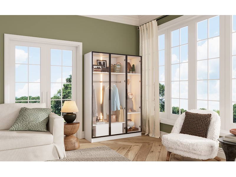  Armoire 110x50x160 cm 3 portes en verre, 1 tiroir, 1 tringle, led, panneau de particules, blanc  - Conforama E