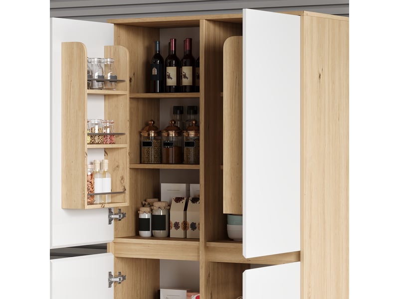 Buffet haut 80x35x180 cm blanc avec grand tiroir, rangements de porte et étagères réglables Fay Lum - Conforama E
