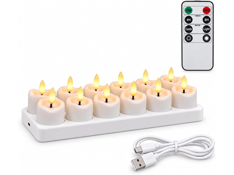  10 bougies chauffe-plat led rechargeables, sans flamme, télécommande et minuterie, base de recharge usb-c, blanc  - Conforama A