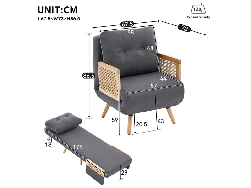  Fauteuil convertible 3 en 1 67x73x86 cm, dossier réglable 5 positions, lit d'appoint, accoudoirs rotin, bois, lin gris  - Conforama C